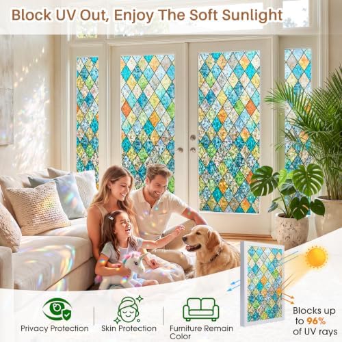 Sunbaby Stained Glass Winodw Film, Rainbow Lattice Stickers, 35.4"x78.7"