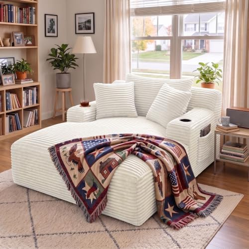 66" Chaise Lounge Chair Indoor, Corduroy Upholstered Reading Chair Oversized Boneless Chair with Deep Seat, Cloud Lounge Chair with 3 Pillows for Living Room, Bedroom, No Assembly Required
