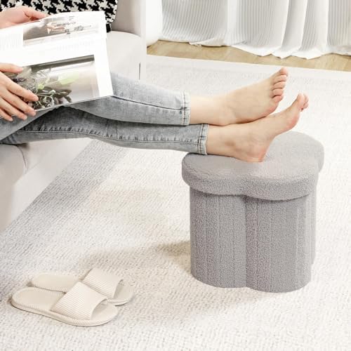 B FSOBEIIALEO Storage Ottoman Cube, 12.6" Flower Shaped Ottomans, Grey
