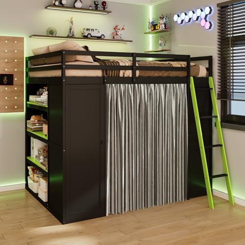 Merax Full Size Loft Bed with Desk and 6 Storage Shelves, Wardrobe, Blackout Curtain, Sturdy Wood Gaming Loft Bunk Bed Frame with USB Port & RGB Lights, No Box Spring Need, Space-Saving, Black+Green