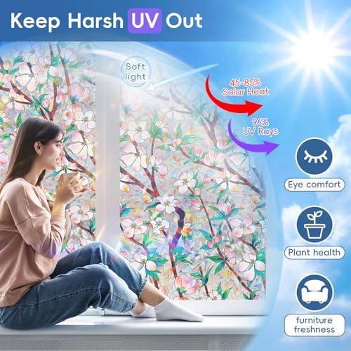 Rainbow Window Privacy Film Decorative Window Sticker, 3D Static Stained Glass Cling Tint for Home Heat Control Non-Adhesive, 17.5 Inch * 78.74 Inch