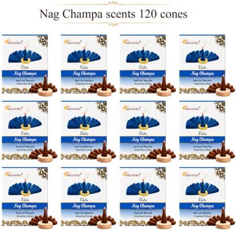 ARO VATIKA Vedic Nag Champa Natural Masala 120 Incense Cones in Pack of 12 Boxes | Environment-Friendly Dhoop | Best for Prayer, Reiki, Meditation & Relaxation | Burn time- 25 mins