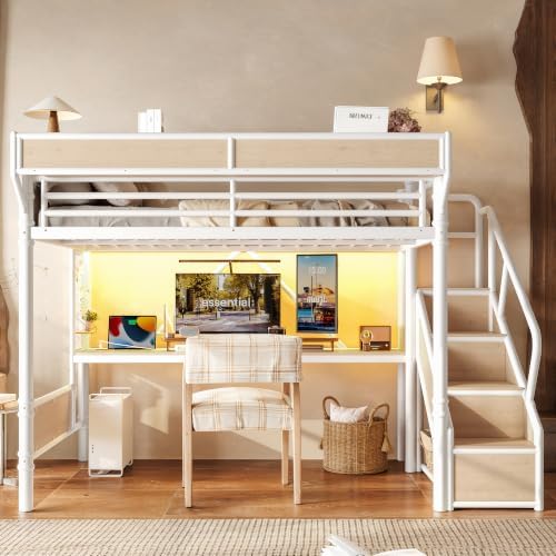 Bellemave Queen Metal Loft Bed with Stairs and Desk for Kids,Adults,White
