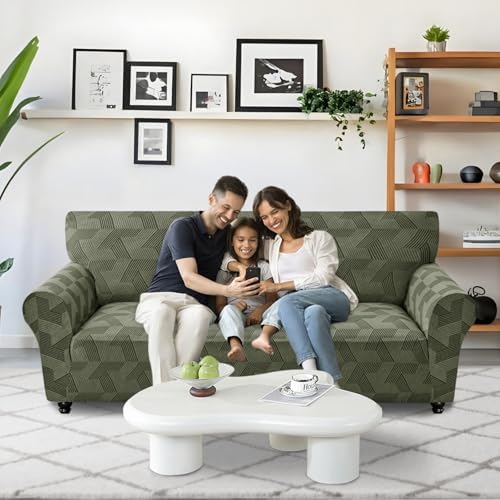 JIVINER 1 Piece Couch Cover for 3 Cushion Couch, Stretch Extra Large Sofa Covers with Elastic Bottom, Washable Oversized Sofa Slipcovers Feature Geometrical Jacquard Fabric (XL Sofa, Army Green)