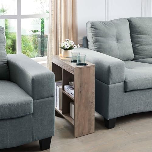Kings Brand Chairside Side Table with Cup Holders & Storage, Walnut