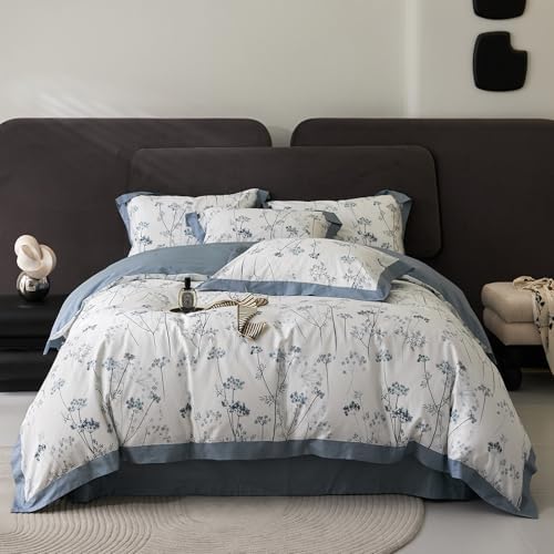 HighBuy Garden Blue Floral Duvet Cover Queen Floral Bedding Comforter Cover Queen Set Luxury Soft Boho Flowers Printed Cozy for Women Men Cottagecore Botanical Floral Bedding Sets Queen All Season