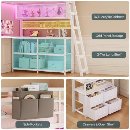 ADORNEVE Gaming Loft Bed Twin Size with U-Shaped Desk & RGB Cabinet, White