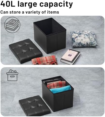 Bsketa Storage Ottoman Bench, 16" Folding Leather Foot Rest, Black 2 Pack