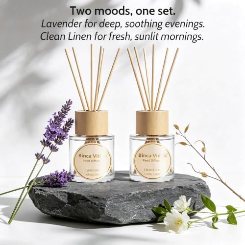 Reed Diffuser Set Lavender & Linen Natural Scent Theme Oil Diffusers with Sticks for Home Office Bathroom Aromatherapy Decor 1.69oz x 2