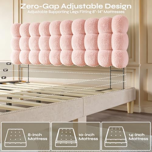 Pinmoco King Cloud-Shaped Upholstered Headboard, Teddy Fleece Pink