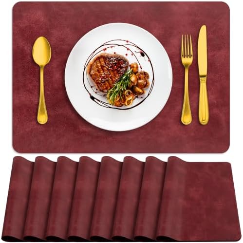 ADRIMER Fall Placemats Set of 8, Heat Resistant Faux Leather, Wine Red