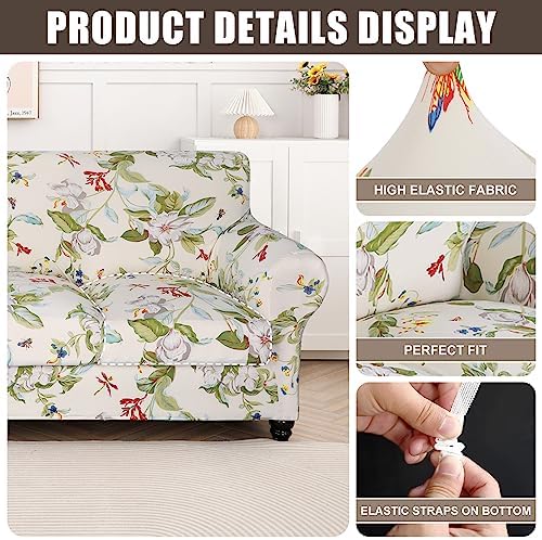 SearchI Stretch Sofa Cover Printed Couch Cover, Floral Pattern 4 Pieces Sofa Slipcover with 3 Separate Cushion Cover, Washable Furniture Protector for Living Room(Sofa, Spring Pattern)