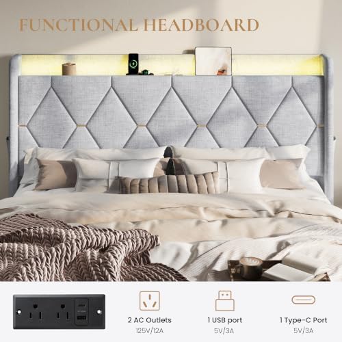 SHA CERLIN King Size Bed Frame with Storage Drawer & LED Lights, Grey