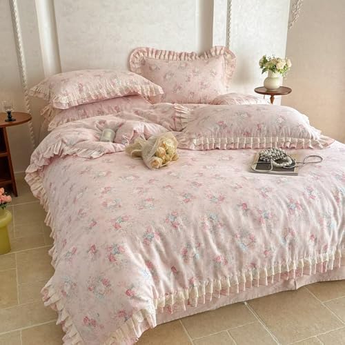 BuLuTu French Garden Pink Floral Duvet Cover Set King Size, Princess Style Lace Ruffled Bedding Set - 1 Comforter Cover King with 2 Pillow Cases, 100% Muslin Cotton Bedding, Soft Breathable