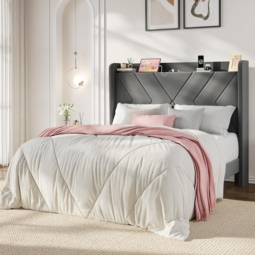 SHA CERLIN Queen Bed Frame, Velvet Upholstered Platform Bed Frame with Wingback Storage Headboard & Charging Station, Geometric Tufted Design, No Box Spring Needed, Easy Assembly, Grey