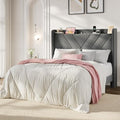 SHA CERLIN Full Size Bed Frame, Velvet Upholstered Platform Bed Frame with Wingback Storage Headboard & Charging Station, Geometric Tufted Design, No Box Spring Needed, Easy Assembly, Grey