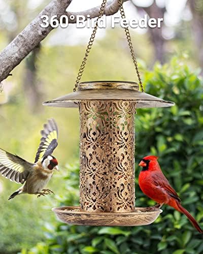 SWEETFULL Solar Bird Feeder for Outdoors Hanging, Metal Wild Bird Feeder for Cardinals Solar Garden Lantern with S Hook as Gift Ideas for Bird Lovers (2LBs Heavy Duty Weather Resistance birdfeeders)