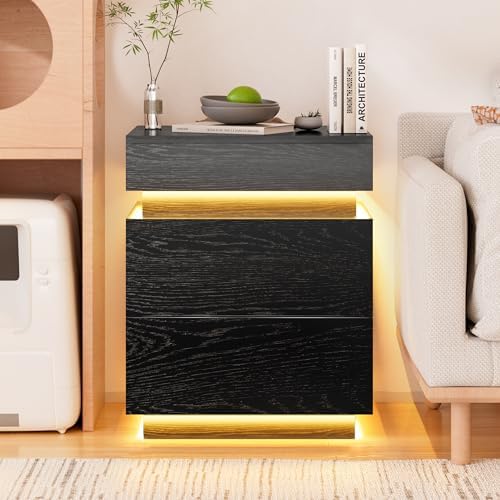COWMOU LED Night Stand with Charging Station, Sliding Top Hide Storage, 2 Outlets and USB-A/C Ports Bed Side Tables Bedroom Set Black End Table for Living Room