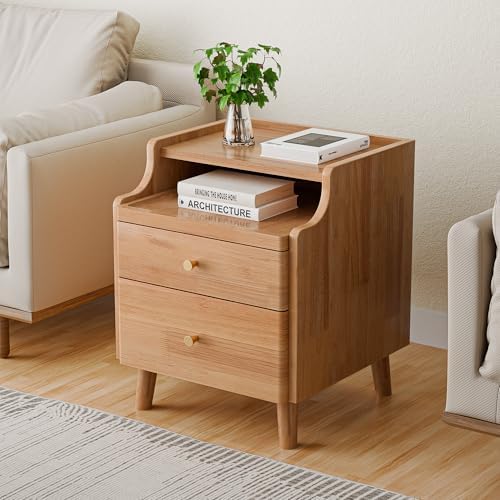 Nightstand with Drawers, Pre-Assembled, 19.7" H Natural Solid Wood Night Stand with Open Sliding Shelf, Mid Century Modern Small Bedside Table Cabinet for Bedroom, Natural Oak 16"
