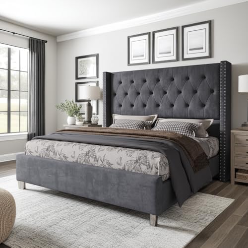 Jocisland Queen Bed Frame with Headboard, 49.2" Velvet Tufted, Gray