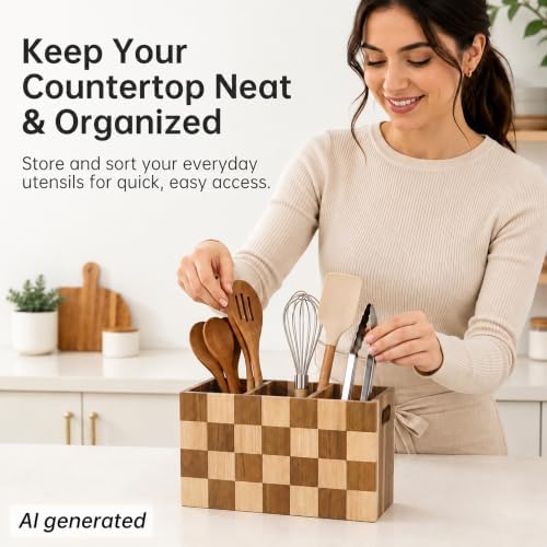 Kitchen Utensil Holder, 3 Compartment Large Wooden Utensil Organizer