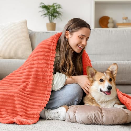 BEDELITE 3D Ribbed Coral Red Fleece Throw Blanket for Couch, 50x60 Inch