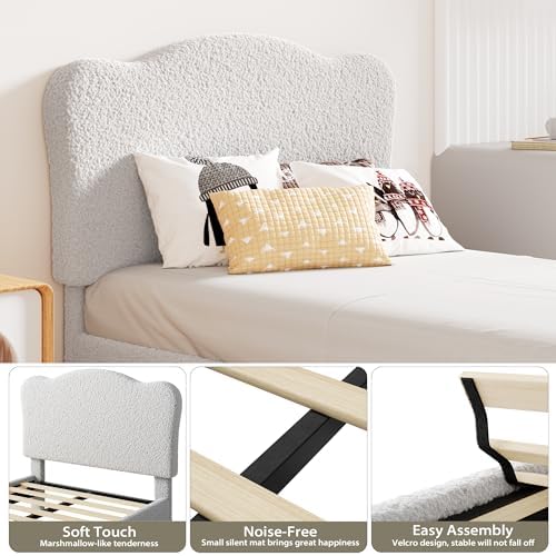 Garvee Upholstered Twin Size Bed Frame for Kids with Scallop Headboard, Cute Velvet Twin Bed for Girls, Boys, Sturdy Platform Bed, No Box Spring Needed, Wooden Slats, Noise Free, Light Grey