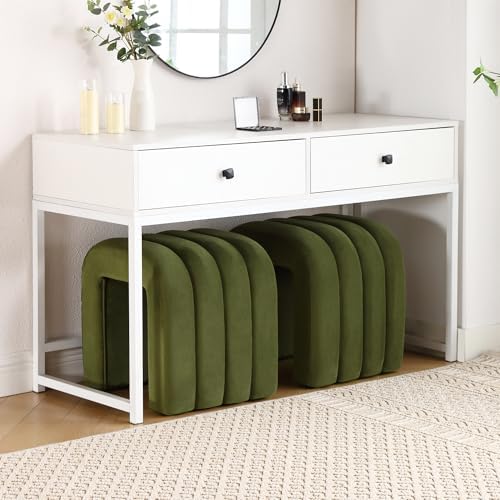 Olive Green Velvet Ottoman Stool Set of 2, Backless Vanity Stool