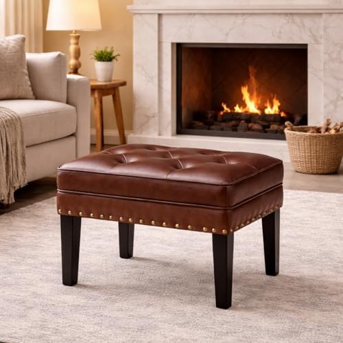 Glitzhome Faux Leather Foot Stool, Mid Century Modern Foot Stools Ottoman, Vintage Ottoman Tufted Square Vanity Seat, Coffee