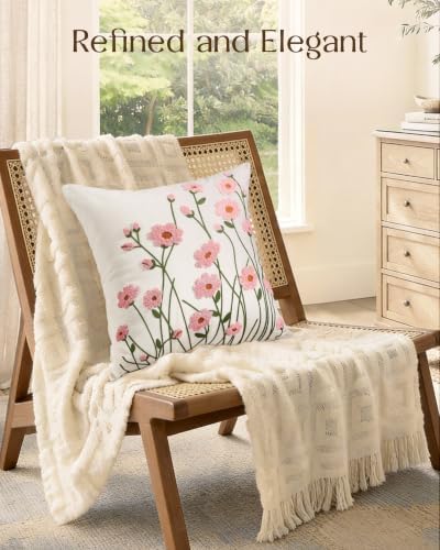 Embroidered Floral Throw Pillow Cover 18x18 Inch, Wild Flower