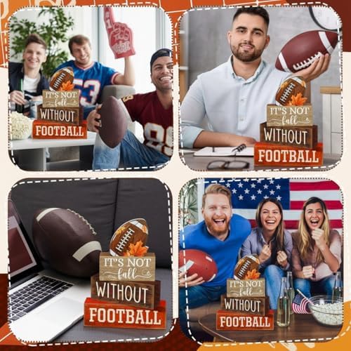Yuntau 4 Pcs Fall Football Decor Rustic Wooden Blocks Table Centerpiece