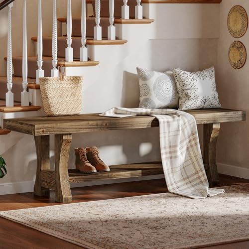 Solid Wood Storage Bench, Farmhouse Entryway Bench, Long Indoor Dining Seat for Hallway, Bedroom, Living Room, Dining Room, Easy Assembly, Dark Brown