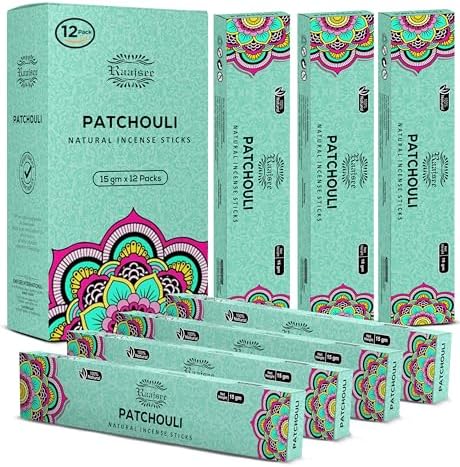 Raajsee Patchouli Incense Sticks (180 gm), 100% Pure Organic Natural Hand Rolled Free from Chemicals - Patchouli Incense Perfect for Aromatherapy, Cleansing, Meditation, and Church(Pack of 12)