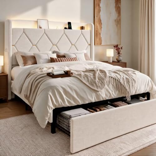 SHA CERLIN Full Size Bed Frame with Storage Drawer & LED Lights, Beige