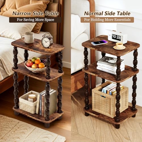 Narrow End Table, 3-Tier Side Table, Retro Couch Side Table for Small Spaces, Farmhouse End Table, Modern Accent Table, Skinny Bedside Table Nightstand for Bedroom, Living Room (Rustic Brown)