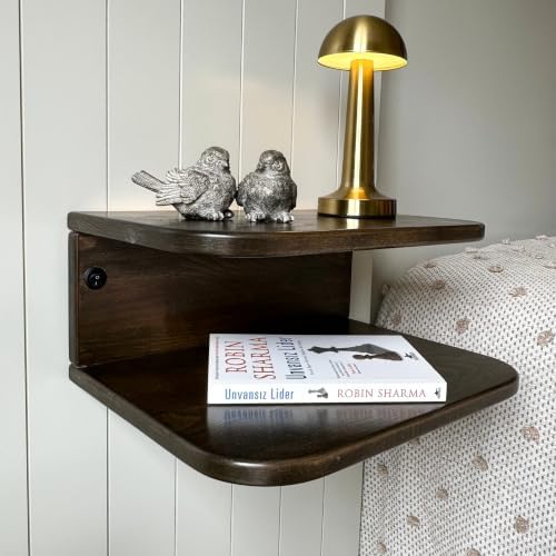 Floating Nightstand Wooden, Solid Alder Wood Bedside Table, Wall Mounted Shelf with LED Option, Slim Side Table with Open Storage, Varnish Finish (Walnut, Without LED, 16.0, Inches)