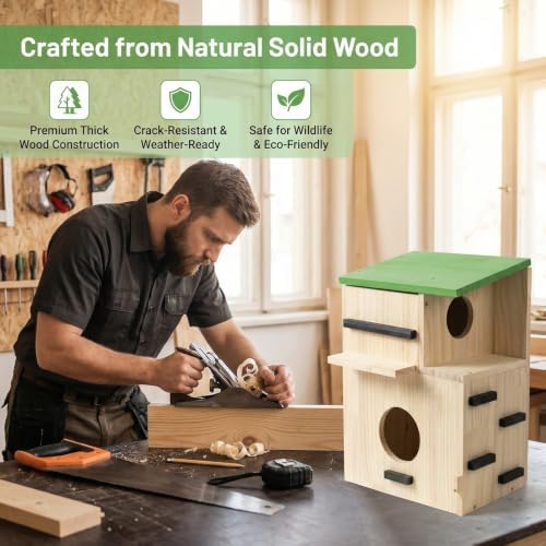 Large Squirrel Houses for Outside, Squirrels Nesting Box with Platform, Solid Wood Squirrel Box, Backyard Squirrel House Squirrels Feeders for Outside