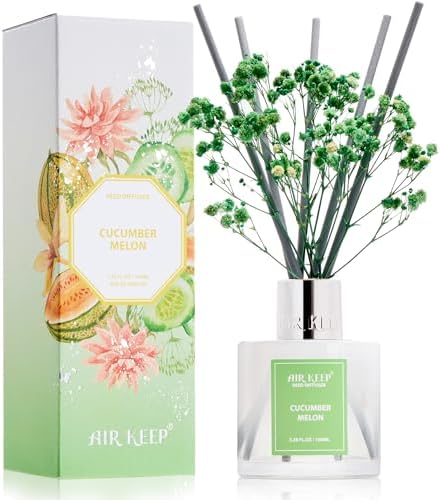 Airkeep Reed Diffuser Set,3.38 fl oz (100 ml) - Cucumber Melon Oil Diffusers with 8 Reed Sticks, Home Fragrance Reed Diffuser for Bathroom Shelf Decor