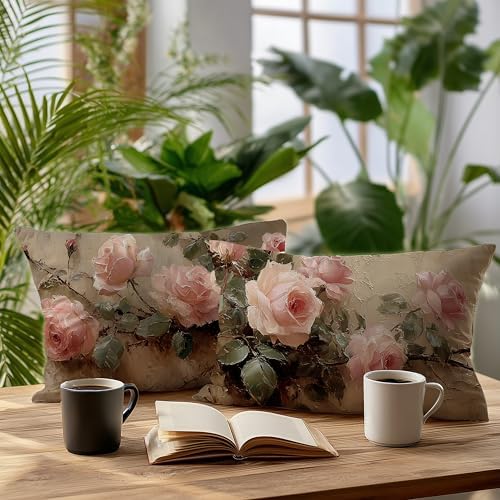 Vintage Pink Rose Floral Rectangle Pillow Throw Cover 20x12 Decor, Shabby Chic Rustic Cottagecore Decorative Throw Pillow Covers Double-Sided Set of 2
