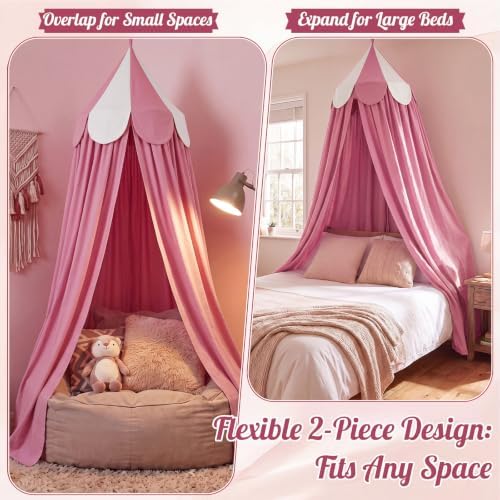 Bed Canopy with Scalloped Edge, 2 Panel Striped, Dusty Pink