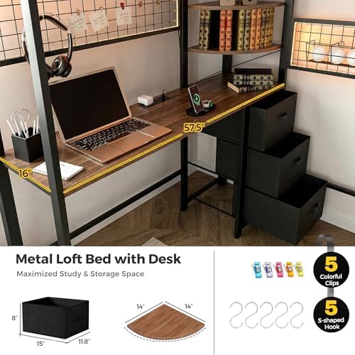 Loft Bed with Desk and Stairs, Headboard, Outlet (Black, Full)
