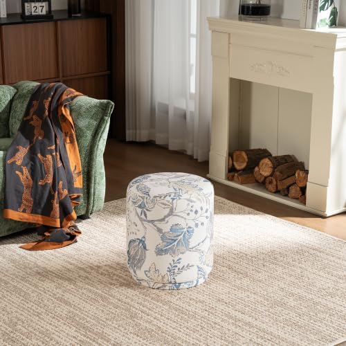 15.7" Swivel Vanity Stool, Floral Velvet Round Ottoman, Blue