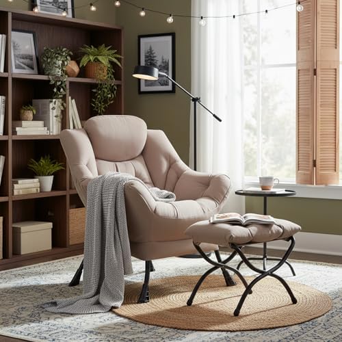 Welnow Lazy Chair with Ottoman, Reading Chair with Footrest，Khaki