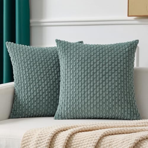 Kevin Textile Soft Corduroy 16x16 Inch Pillow Covers 2 Pack, Teal Green