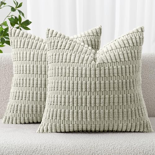MIULEE Corduroy Decorative Throw Pillow Covers 20x20 Light Green Pack of 2