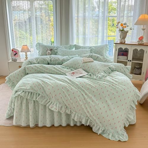 Green Cherry Duvet Cover Full Size with 2 Pillowcases,Cute Bedding