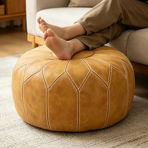 Thgonwid Round Unstuffed Pouf Cover, Faux Leather Storage Ottoman, Boho Moroccan Foot Stool, Multi-Purpose Home Decor for Living Room, Bedroom and Balcony, Yellow, No Filling Included