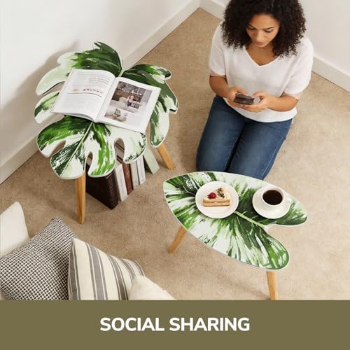 BAMEOS Monstera Leaf Nesting Tables Set of 2, Small Side Tables f Set with Leaf Vein Pattern, Modern Wooden CoffeeTables for Living Room Bedroom Apartment Balcony Yard