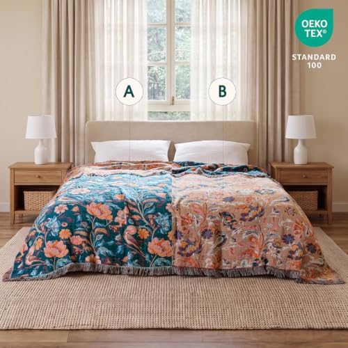 Boho Throw Blanket Cotton - Lightweight Floral Throw Twin Size Gifts