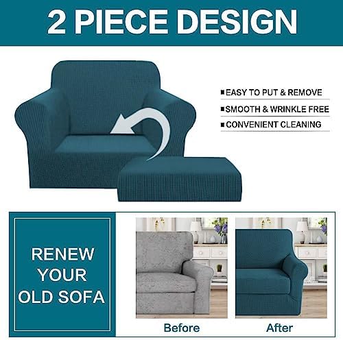 Turquoize 2 Piece Chair Covers Chair Slipcovers For Living Room Armchair Sofa Covers Chair Couch Cover with Arms Washable Furniture Protector for Chairs Feature Thick Jacquard Fabric (Chair,Deep Teal)